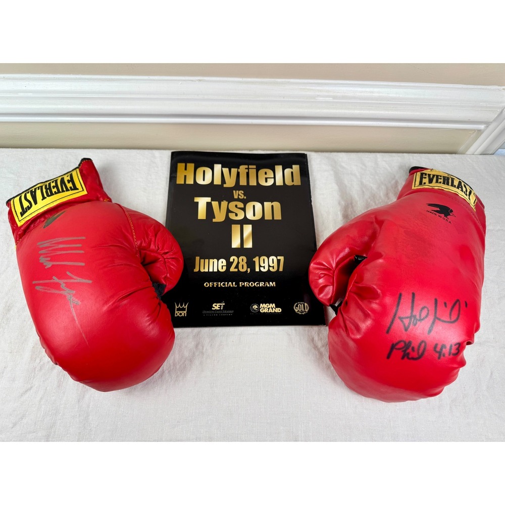 Holyfield vs Tyson II Signed Everlast Gloves 1997 Program Ticket Stub Set Boxing
